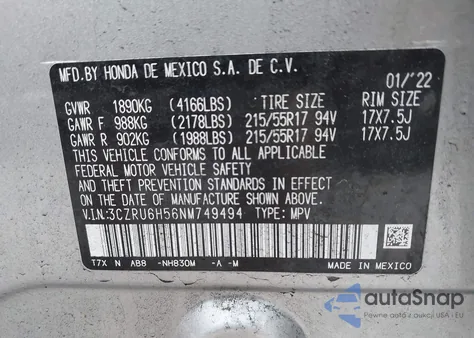 2022 Honda Hr-V Awd Ex from USA, damaged, VIN 3CZRU6H56NM749494